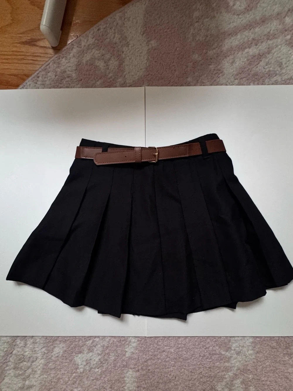 H&M Black Pleated Skater Skirt with Brown Belt